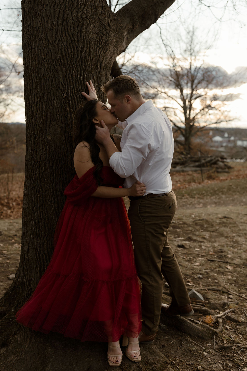 newly engaged couple kissing next to a tree in Massachusetts 