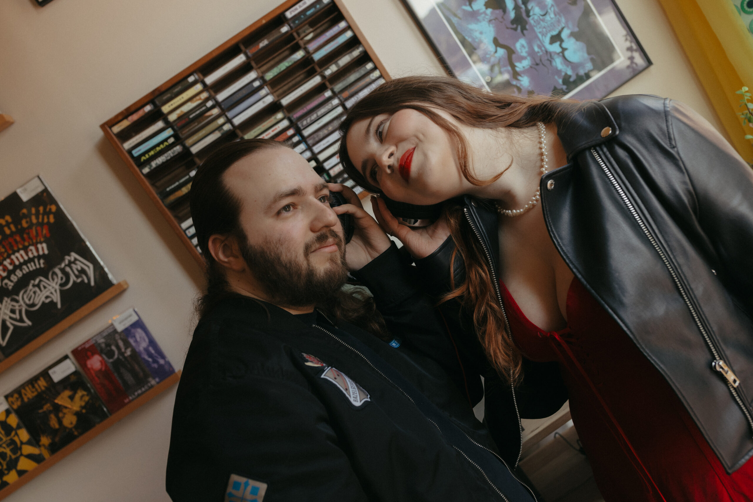 couple listening to music together at New England record store