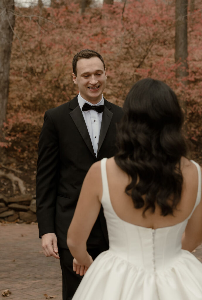 bride and groom share intimate first look at Boston Wedding 