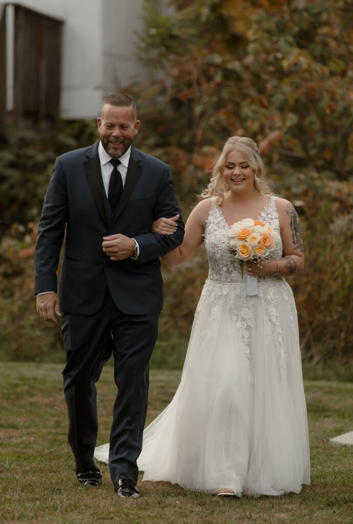 bride walking down the isle at New England Fall Wedding 