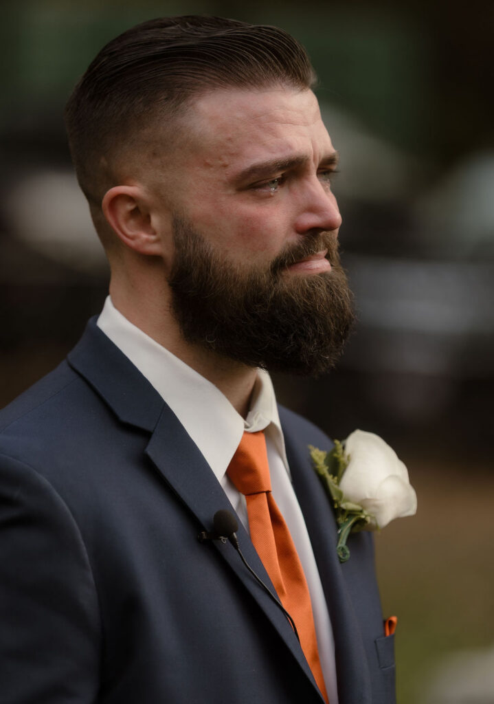Grooms reaction to bride walking down the isle New England Fall Wedding